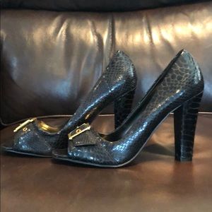 Never worn — Black open-toe heels with gold buckle